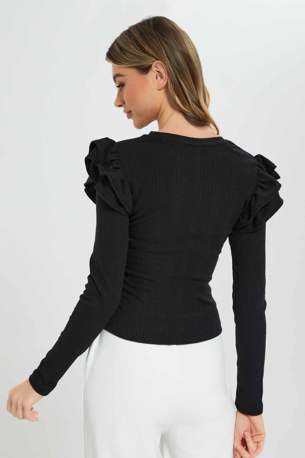 Redtag-Black-Solid-Ruffle-Top-Category:T-Shirts,-Colour:Black,-Deals:New-In,-Filter:Women's-Clothing,-New-In-Women-APL,-Non-Sale,-Section:Women,-W22B,-Women-T-Shirts-Women's-