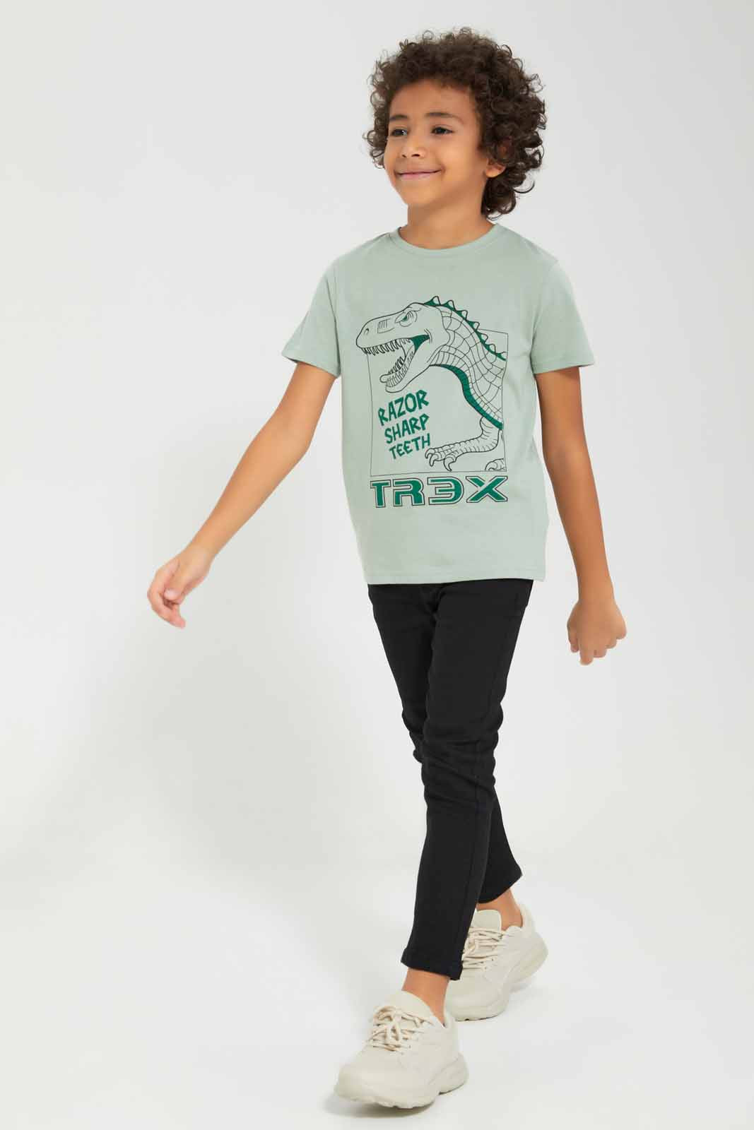 Redtag-Olive-T--Rex-Print-Short-Sleeve-T---shirt-BOY-T-Shirts,-Category:T-Shirts,-Colour:Olive,-Deals:New-In,-Filter:Boys-(2-to-8-Yrs),-New-In-BOY-APL,-Non-Sale,-Section:Boys-(0-to-14Yrs),-TBL,-W22A-Boys-2 to 8 Years