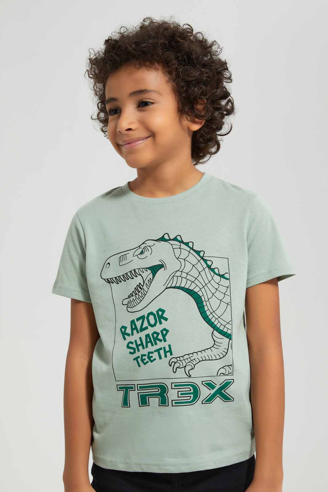 Redtag-Olive-T--Rex-Print-Short-Sleeve-T---shirt-BOY-T-Shirts,-Category:T-Shirts,-Colour:Olive,-Deals:New-In,-Filter:Boys-(2-to-8-Yrs),-New-In-BOY-APL,-Non-Sale,-Section:Boys-(0-to-14Yrs),-TBL,-W22A-Boys-2 to 8 Years
