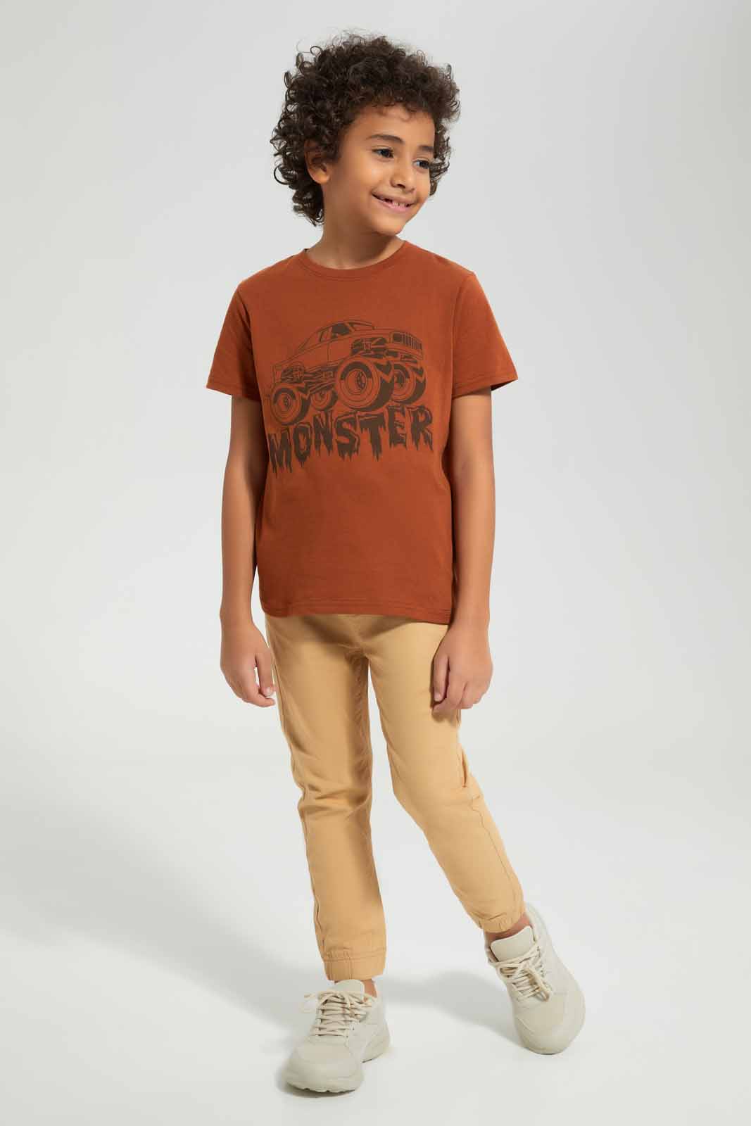Redtag-Brown-Monster-Truck-Print-Short-Sleeve-T---shirt-BOY-T-Shirts,-Category:T-Shirts,-Colour:Brown,-Deals:New-In,-Filter:Boys-(2-to-8-Yrs),-New-In-BOY-APL,-Non-Sale,-Section:Boys-(0-to-14Yrs),-TBL,-W22A-Boys-2 to 8 Years
