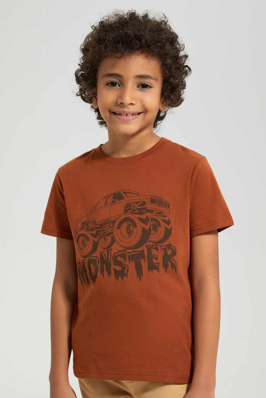 Redtag-Brown-Monster-Truck-Print-Short-Sleeve-T---shirt-BOY-T-Shirts,-Category:T-Shirts,-Colour:Brown,-Deals:New-In,-Filter:Boys-(2-to-8-Yrs),-New-In-BOY-APL,-Non-Sale,-Section:Boys-(0-to-14Yrs),-TBL,-W22A-Boys-2 to 8 Years