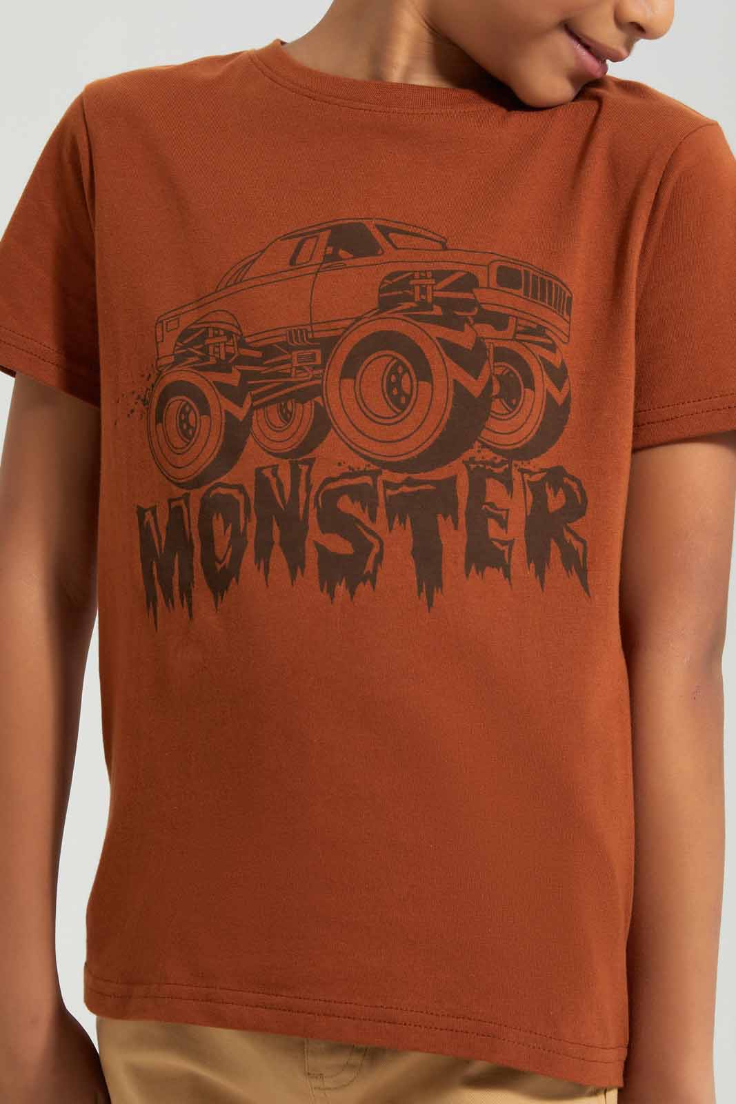Redtag-Brown-Monster-Truck-Print-Short-Sleeve-T---shirt-BOY-T-Shirts,-Category:T-Shirts,-Colour:Brown,-Deals:New-In,-Filter:Boys-(2-to-8-Yrs),-New-In-BOY-APL,-Non-Sale,-Section:Boys-(0-to-14Yrs),-TBL,-W22A-Boys-2 to 8 Years