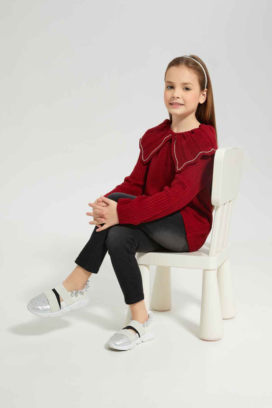 Redtag-Red-Long-Sleeve-Pullover-With-Embellished-Collar-Category:Pullovers,-Colour:Red,-Deals:New-In,-Dept:Girls,-Filter:Girls-(2-to-8-Yrs),-GIR-Pullovers,-New-In-GIR-APL,-Non-Sale,-Section:Girls-(0-to-14Yrs),-W22B-Girls-2 to 8 Years