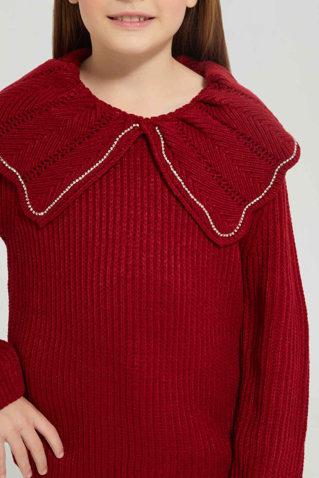 Redtag-Red-Long-Sleeve-Pullover-With-Embellished-Collar-Category:Pullovers,-Colour:Red,-Deals:New-In,-Dept:Girls,-Filter:Girls-(2-to-8-Yrs),-GIR-Pullovers,-New-In-GIR-APL,-Non-Sale,-Section:Girls-(0-to-14Yrs),-W22B-Girls-2 to 8 Years