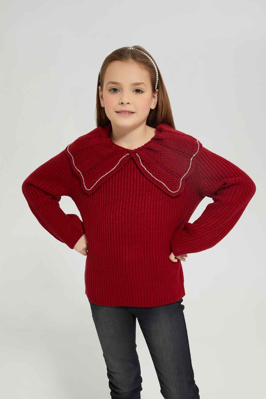 Redtag-Red-Long-Sleeve-Pullover-With-Embellished-Collar-Category:Pullovers,-Colour:Red,-Deals:New-In,-Dept:Girls,-Filter:Girls-(2-to-8-Yrs),-GIR-Pullovers,-New-In-GIR-APL,-Non-Sale,-Section:Girls-(0-to-14Yrs),-W22B-Girls-2 to 8 Years