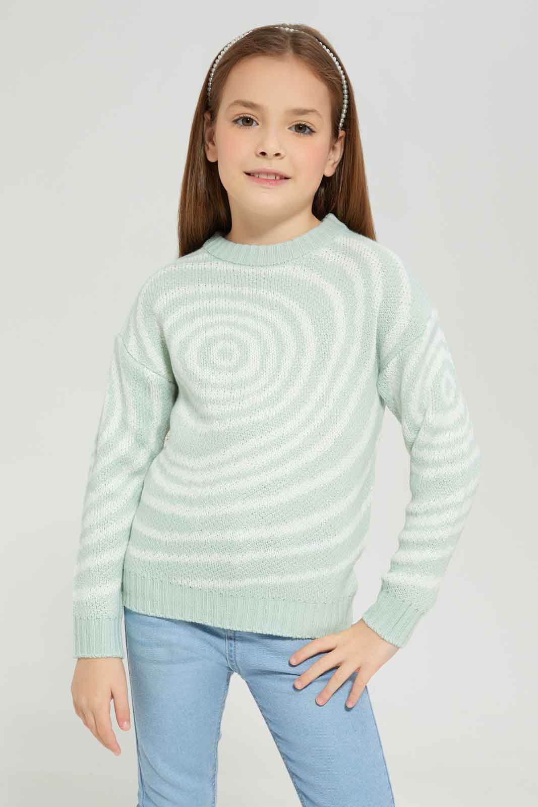 Redtag-Green/White-Long-Sleeve-Jacquard-Pullover-Category:Pullovers,-Colour:Green,-Deals:New-In,-Dept:Girls,-Filter:Girls-(2-to-8-Yrs),-GIR-Pullovers,-New-In-GIR-APL,-Non-Sale,-Section:Girls-(0-to-14Yrs),-W22B-Girls-2 to 8 Years