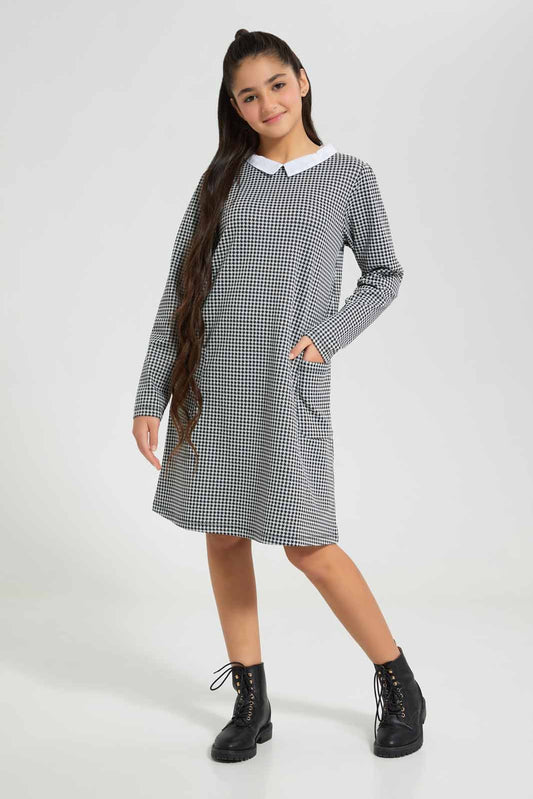 Redtag-Black/-White-Jacquard-Dress-Category:Dresses,-Colour:Assorted,-Deals:New-In,-Filter:Senior-Girls-(8-to-14-Yrs),-GSR-Dresses,-New-In-GSR-APL,-Non-Sale,-Section:Girls-(0-to-14Yrs),-VLM,-W22B-Senior-Girls-9 to 14 Years