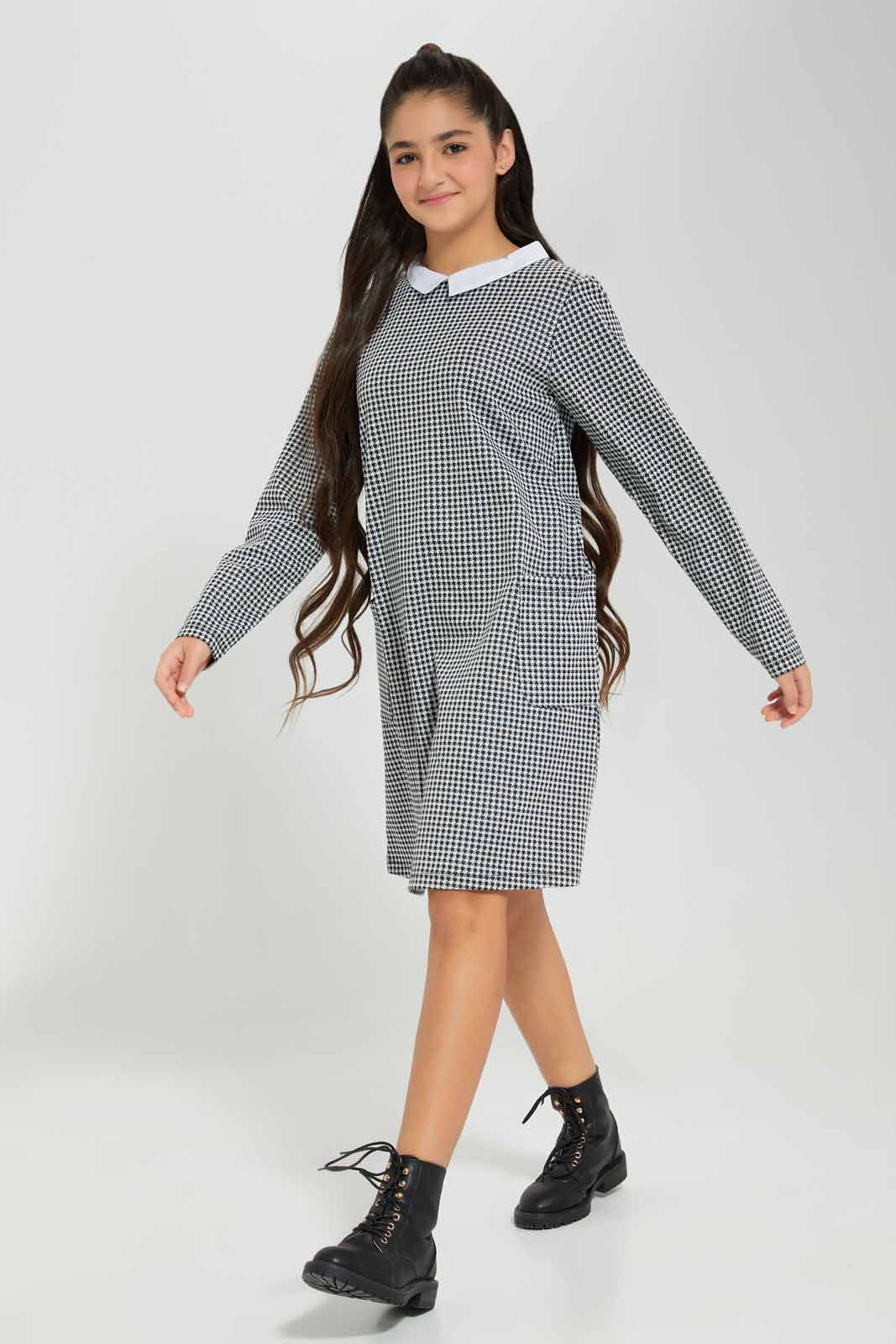 Redtag-Black/-White-Jacquard-Dress-Category:Dresses,-Colour:Assorted,-Deals:New-In,-Filter:Senior-Girls-(8-to-14-Yrs),-GSR-Dresses,-New-In-GSR-APL,-Non-Sale,-Section:Girls-(0-to-14Yrs),-VLM,-W22B-Senior-Girls-9 to 14 Years