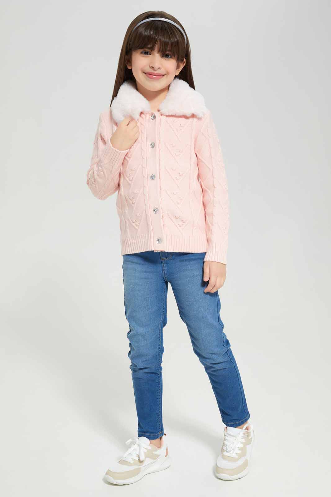 Redtag-Pink-long-sleeve-cardigans-with-Fur-Collar-Category:Cardigans,-Colour:Apricot,-Deals:New-In,-Filter:Girls-(2-to-8-Yrs),-GIR-Cardigans,-New-In-GIR-APL,-Non-Sale,-Section:Girls-(0-to-14Yrs),-W22B-Girls-2 to 8 Years