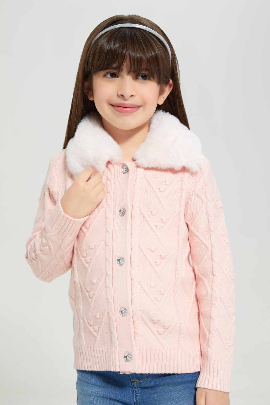 Redtag-Pink-long-sleeve-cardigans-with-Fur-Collar-Category:Cardigans,-Colour:Apricot,-Deals:New-In,-Filter:Girls-(2-to-8-Yrs),-GIR-Cardigans,-New-In-GIR-APL,-Non-Sale,-Section:Girls-(0-to-14Yrs),-W22B-Girls-2 to 8 Years