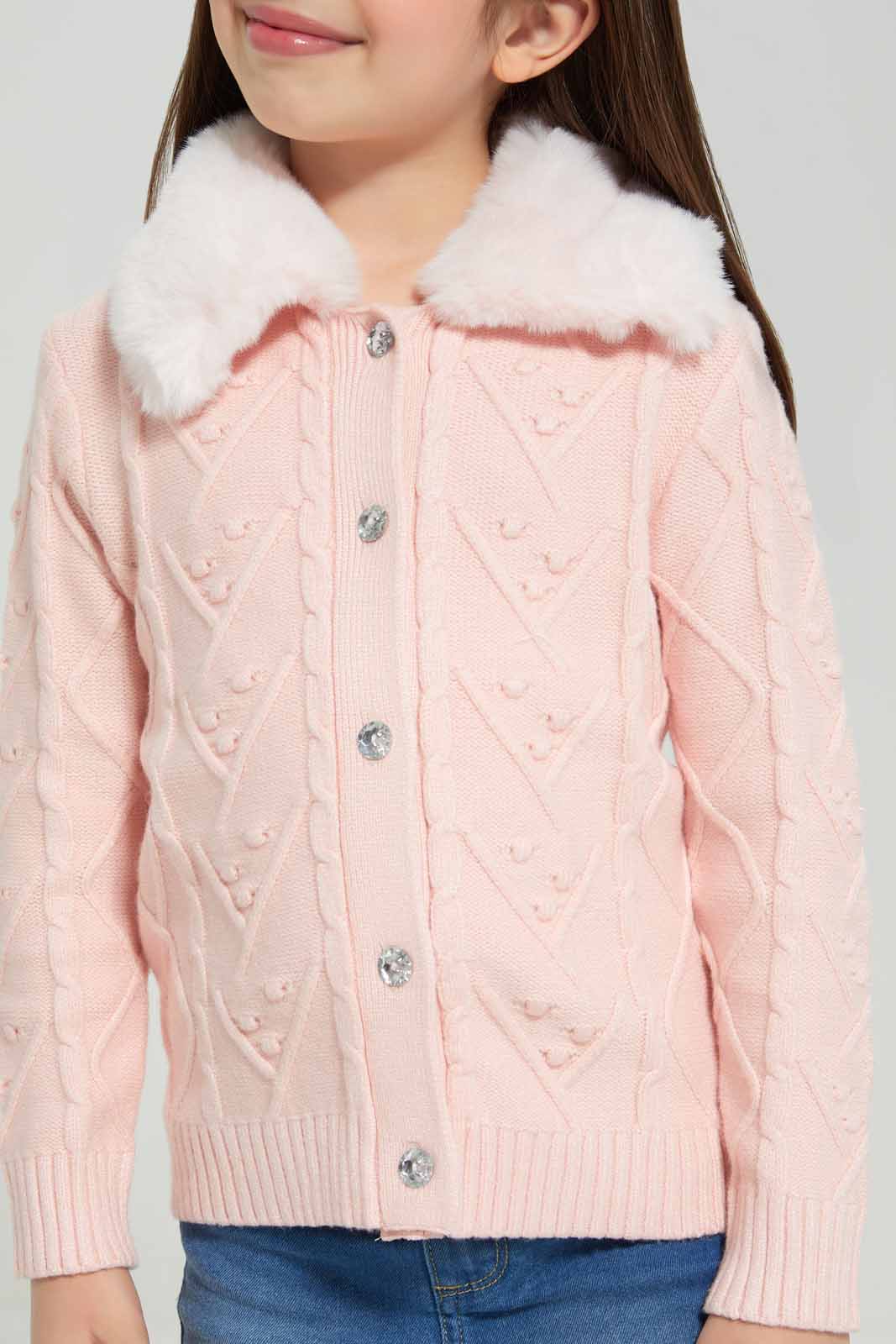 Redtag-Pink-long-sleeve-cardigans-with-Fur-Collar-Category:Cardigans,-Colour:Apricot,-Deals:New-In,-Filter:Girls-(2-to-8-Yrs),-GIR-Cardigans,-New-In-GIR-APL,-Non-Sale,-Section:Girls-(0-to-14Yrs),-W22B-Girls-2 to 8 Years