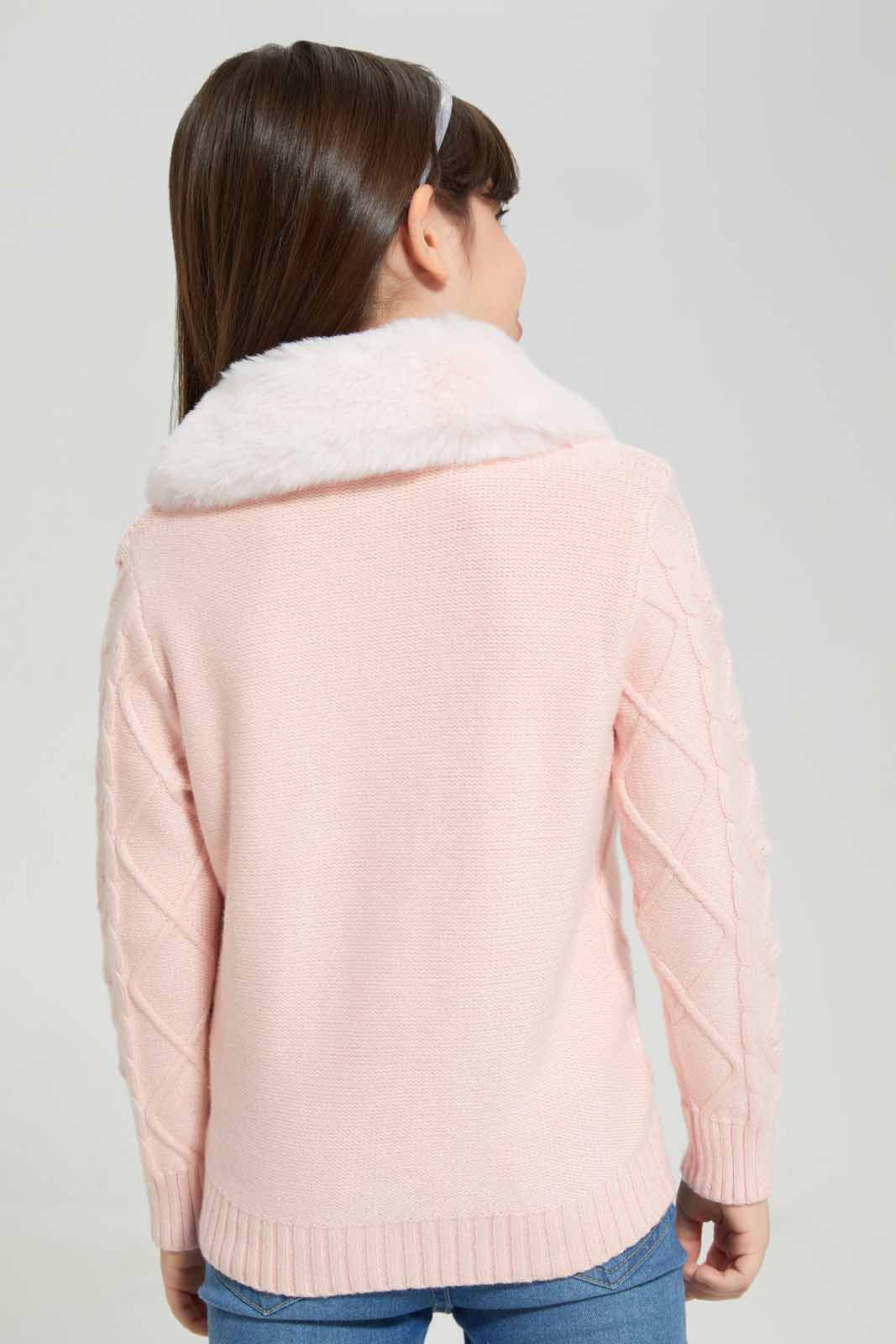 Redtag-Pink-long-sleeve-cardigans-with-Fur-Collar-Category:Cardigans,-Colour:Apricot,-Deals:New-In,-Filter:Girls-(2-to-8-Yrs),-GIR-Cardigans,-New-In-GIR-APL,-Non-Sale,-Section:Girls-(0-to-14Yrs),-W22B-Girls-2 to 8 Years