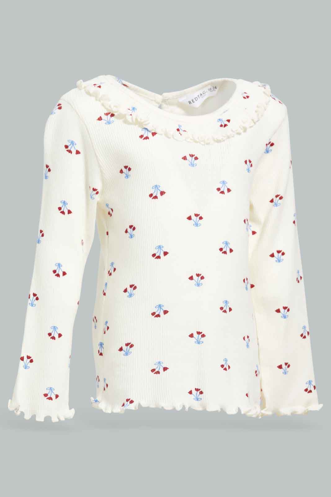 Redtag-Ivory-Floral-AOP-Frill-Neckline-Rib-Tshird-Category:T-Shirts,-Colour:Ivory,-Deals:New-In,-Filter:Infant-Girls-(3-to-24-Mths),-ING-T-Shirts,-New-In-ING-APL,-Non-Sale,-Section:Girls-(0-to-14Yrs),-W22B-Infant-Girls-3 to 24 Months
