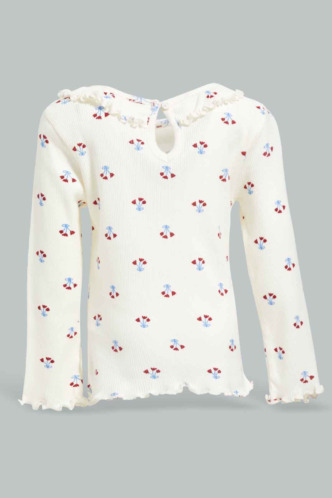 Redtag-Ivory-Floral-AOP-Frill-Neckline-Rib-Tshird-Category:T-Shirts,-Colour:Ivory,-Deals:New-In,-Filter:Infant-Girls-(3-to-24-Mths),-ING-T-Shirts,-New-In-ING-APL,-Non-Sale,-Section:Girls-(0-to-14Yrs),-W22B-Infant-Girls-3 to 24 Months
