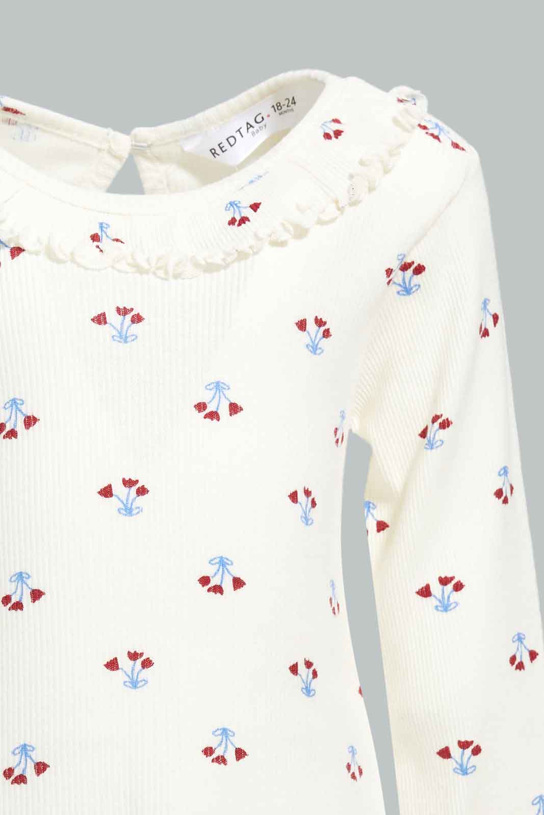 Redtag-Ivory-Floral-AOP-Frill-Neckline-Rib-Tshird-Category:T-Shirts,-Colour:Ivory,-Deals:New-In,-Filter:Infant-Girls-(3-to-24-Mths),-ING-T-Shirts,-New-In-ING-APL,-Non-Sale,-Section:Girls-(0-to-14Yrs),-W22B-Infant-Girls-3 to 24 Months
