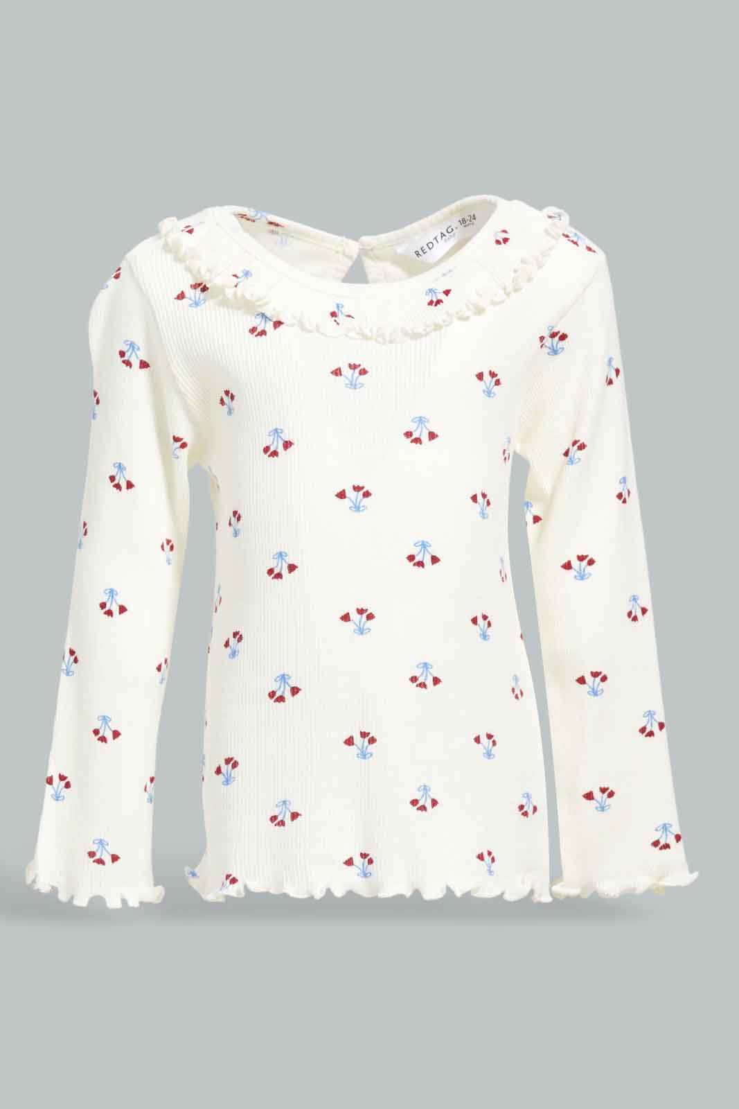 Redtag-Ivory-Floral-AOP-Frill-Neckline-Rib-Tshird-Category:T-Shirts,-Colour:Ivory,-Deals:New-In,-Filter:Infant-Girls-(3-to-24-Mths),-ING-T-Shirts,-New-In-ING-APL,-Non-Sale,-Section:Girls-(0-to-14Yrs),-W22B-Infant-Girls-3 to 24 Months