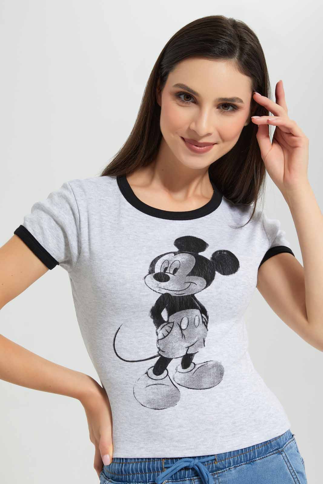 Redtag-Grey-Melange-Mickey-Ringer-T-Shirt-Category:T-Shirts,-CHR,-Colour:Grey,-Deals:New-In,-Filter:Women's-Clothing,-New-In-Women-APL,-Non-Sale,-Section:Women,-W22A,-Women-T-Shirts-Women's-