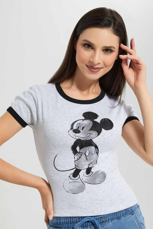 Redtag-Grey-Melange-Mickey-Ringer-T-Shirt-Category:T-Shirts,-CHR,-Colour:Grey,-Deals:New-In,-Filter:Women's-Clothing,-New-In-Women-APL,-Non-Sale,-Section:Women,-W22A,-Women-T-Shirts-Women's-