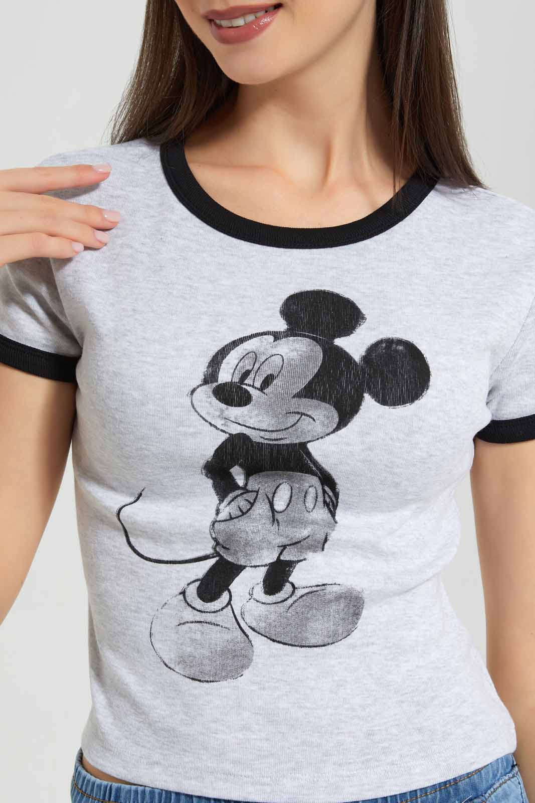 Redtag-Grey-Melange-Mickey-Ringer-T-Shirt-Category:T-Shirts,-CHR,-Colour:Grey,-Deals:New-In,-Filter:Women's-Clothing,-New-In-Women-APL,-Non-Sale,-Section:Women,-W22A,-Women-T-Shirts-Women's-