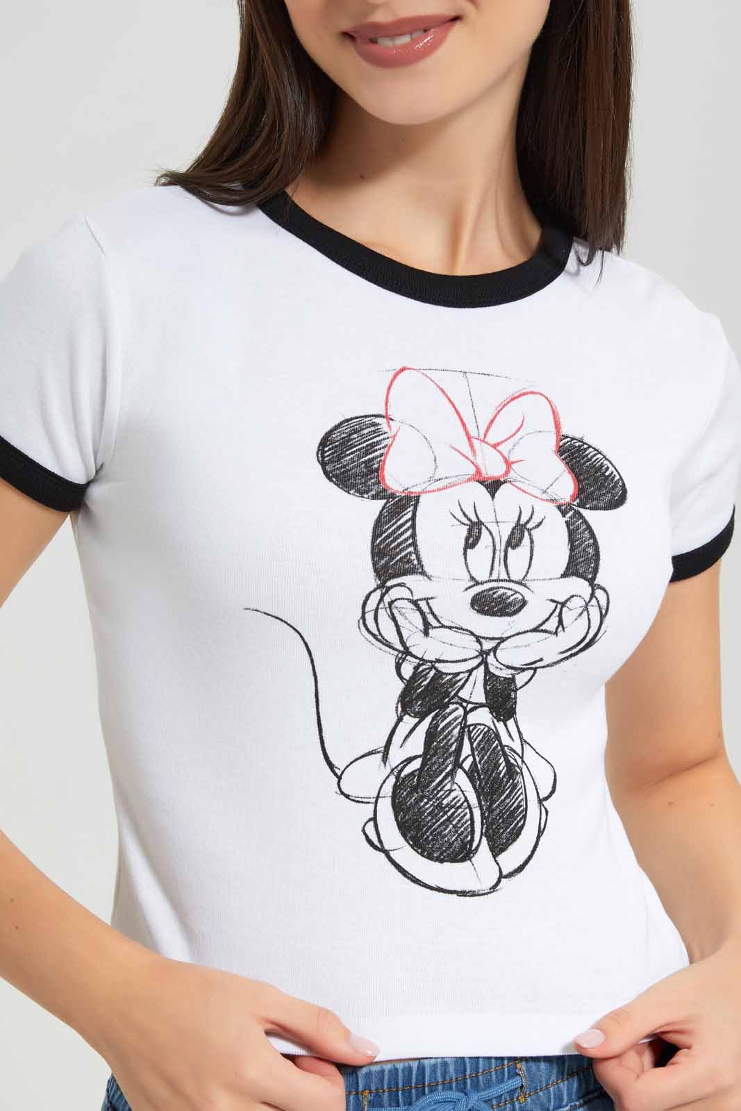 Redtag-White-Minnie-Ringer-T-Shirt-Category:T-Shirts,-Colour:White,-Deals:New-In,-Filter:Women's-Clothing,-New-In-Women-APL,-Non-Sale,-Section:Women,-W22A,-Women-T-Shirts-Women's-