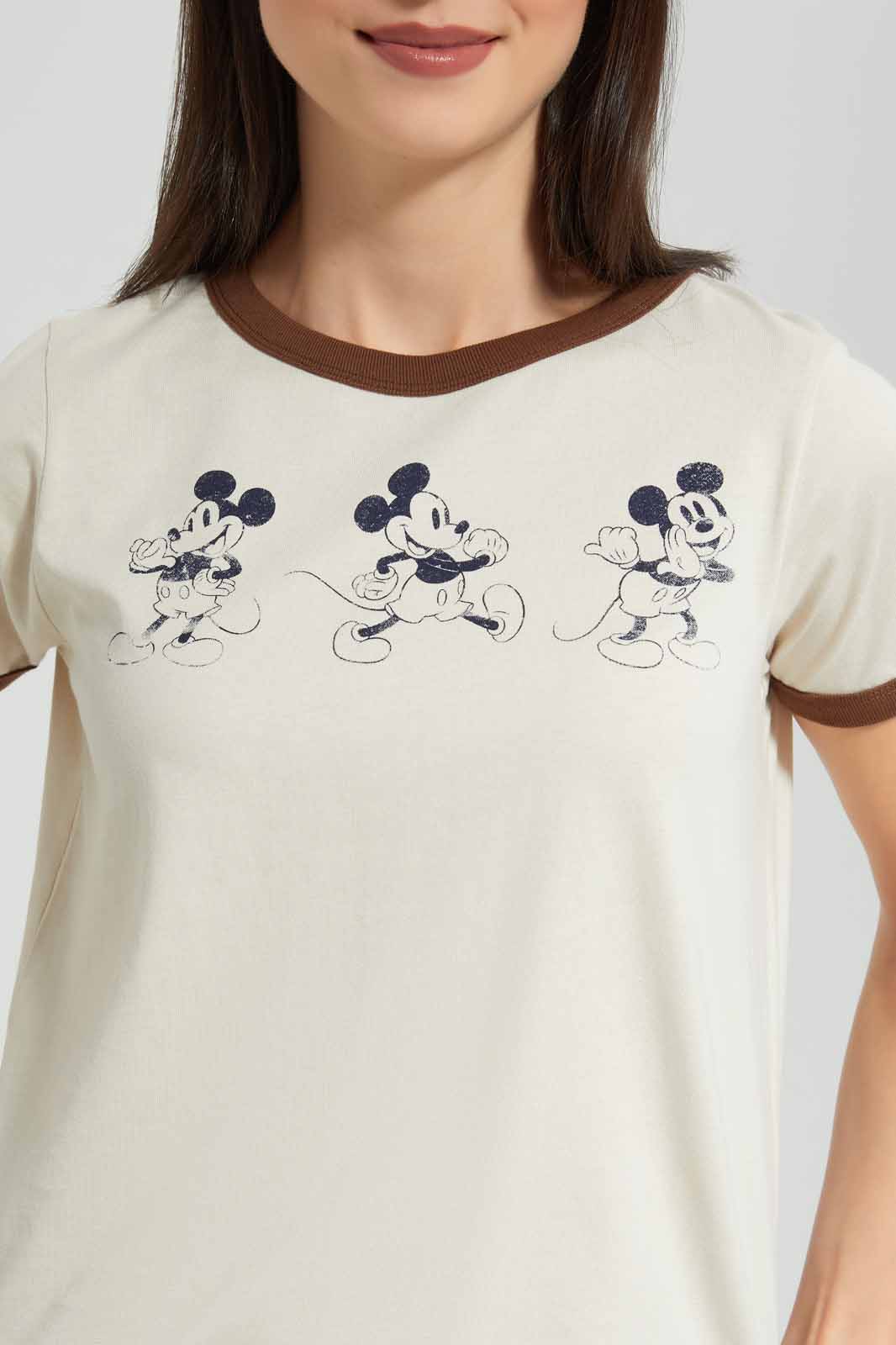 Redtag-Beige-Mickey-Ringer-T-Shirt-Category:T-Shirts,-CHR,-Colour:Beige,-Deals:New-In,-Filter:Women's-Clothing,-New-In-Women-APL,-Non-Sale,-Section:Women,-W22A,-Women-T-Shirts-Women's-