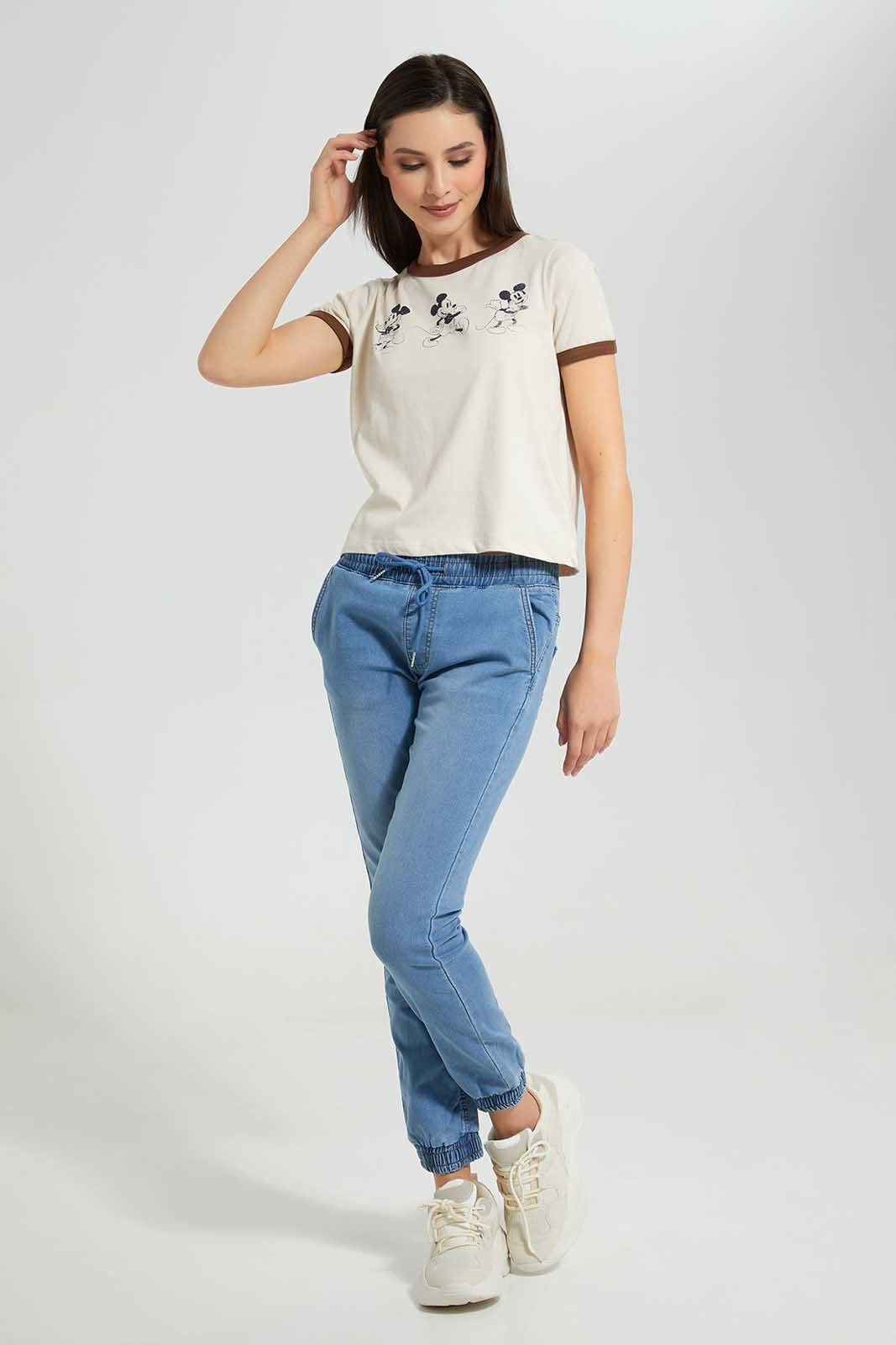 Redtag-Beige-Mickey-Ringer-T-Shirt-Category:T-Shirts,-CHR,-Colour:Beige,-Deals:New-In,-Filter:Women's-Clothing,-New-In-Women-APL,-Non-Sale,-Section:Women,-W22A,-Women-T-Shirts-Women's-