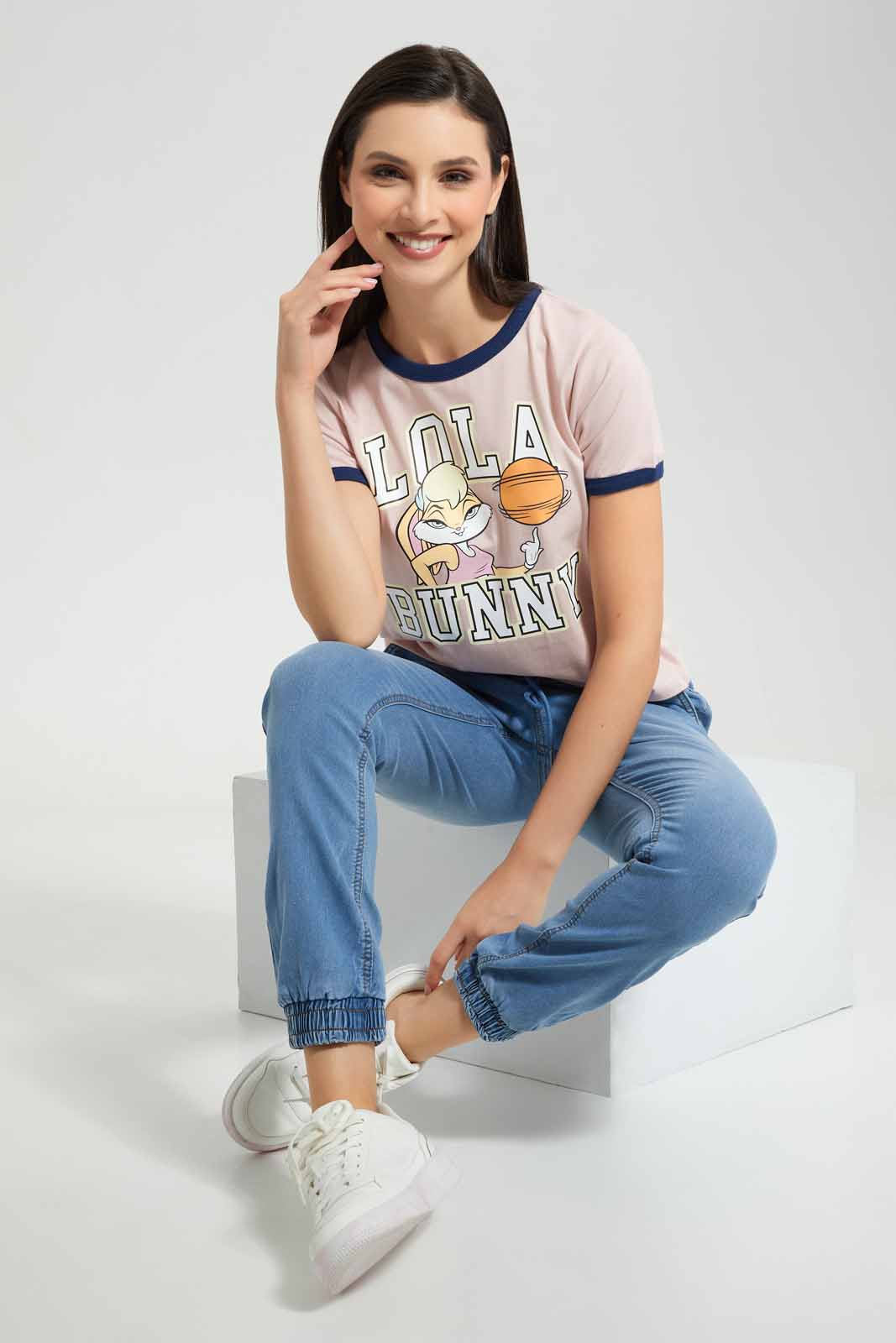 Redtag-Pale-Pink-Lola-Bunny-Ringer-T-Shirt-Category:T-Shirts,-Colour:Apricot,-Deals:New-In,-Filter:Women's-Clothing,-New-In-Women-APL,-Non-Sale,-Section:Women,-W22A,-Women-T-Shirts-Women's-