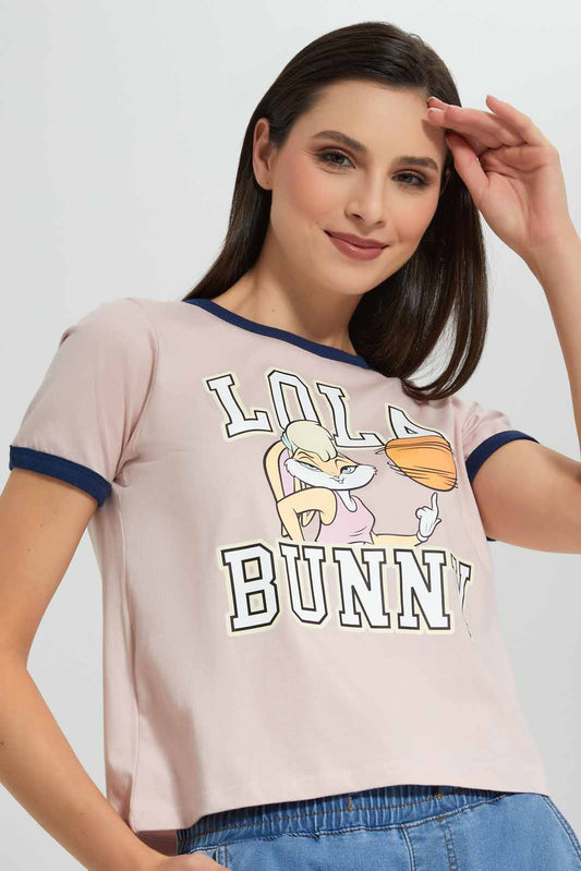 Redtag-Pale-Pink-Lola-Bunny-Ringer-T-Shirt-Category:T-Shirts,-Colour:Apricot,-Deals:New-In,-Filter:Women's-Clothing,-New-In-Women-APL,-Non-Sale,-Section:Women,-W22A,-Women-T-Shirts-Women's-