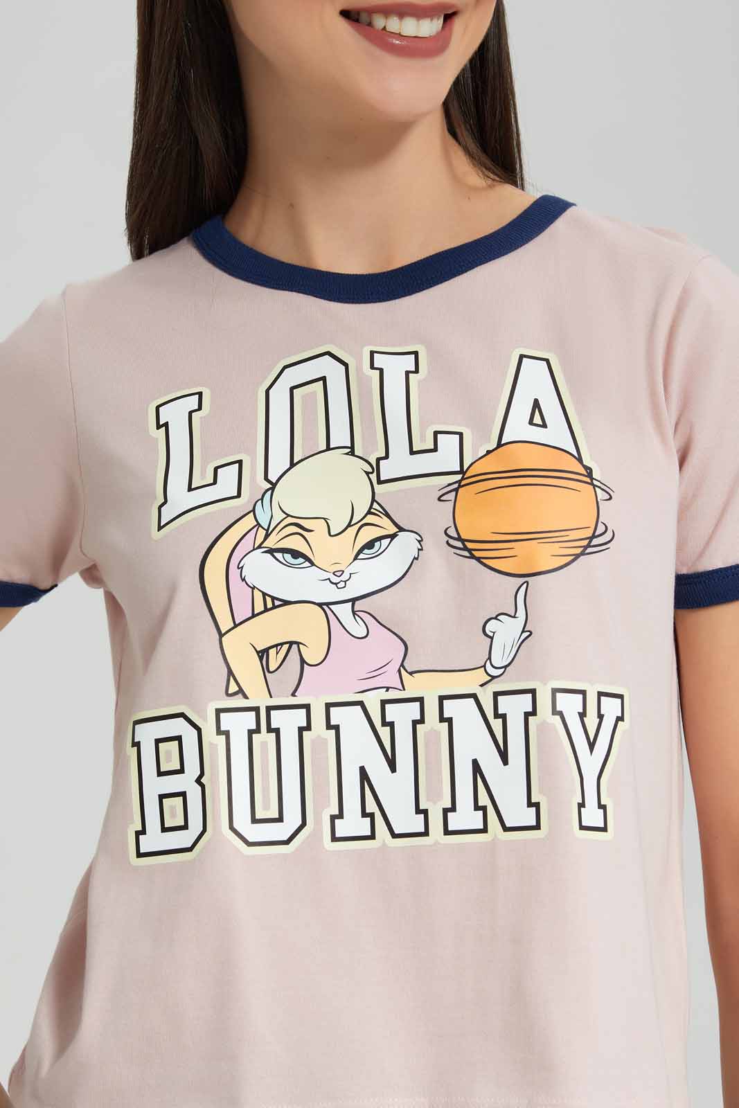 Redtag-Pale-Pink-Lola-Bunny-Ringer-T-Shirt-Category:T-Shirts,-Colour:Apricot,-Deals:New-In,-Filter:Women's-Clothing,-New-In-Women-APL,-Non-Sale,-Section:Women,-W22A,-Women-T-Shirts-Women's-
