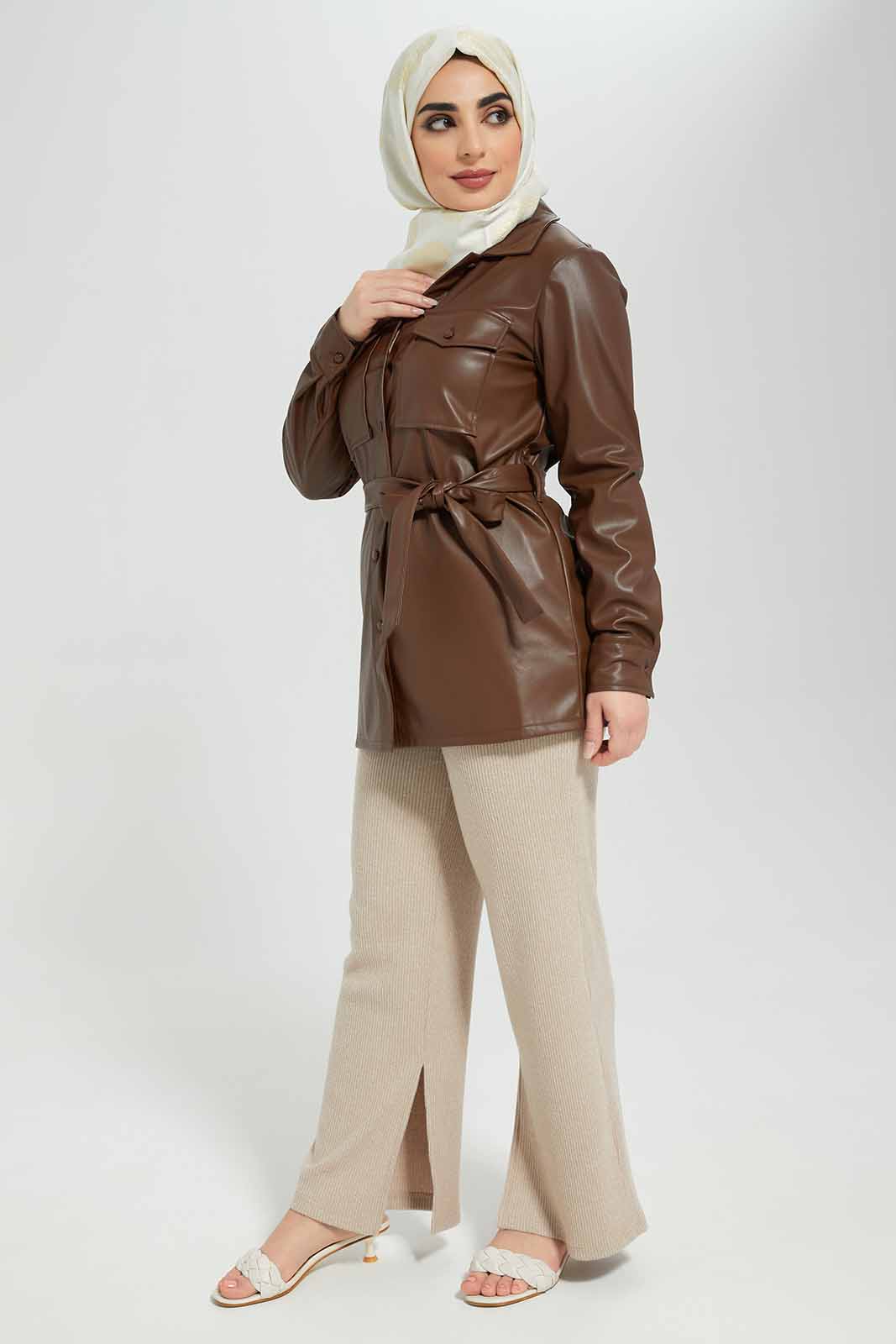 Redtag-Dark-Oak-PU-Coated-Belted-Button-Front-Tunic-Category:Blouses,-Colour:Brown,-Deals:New-In,-Filter:Women's-Clothing,-LMC,-Modest,-New-In-Women-APL,-Non-Sale,-Section:Women,-W22B,-Women-Blouses--