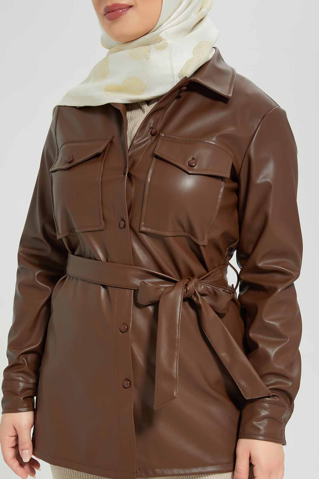 Redtag-Dark-Oak-PU-Coated-Belted-Button-Front-Tunic-Category:Blouses,-Colour:Brown,-Deals:New-In,-Filter:Women's-Clothing,-LMC,-Modest,-New-In-Women-APL,-Non-Sale,-Section:Women,-W22B,-Women-Blouses--