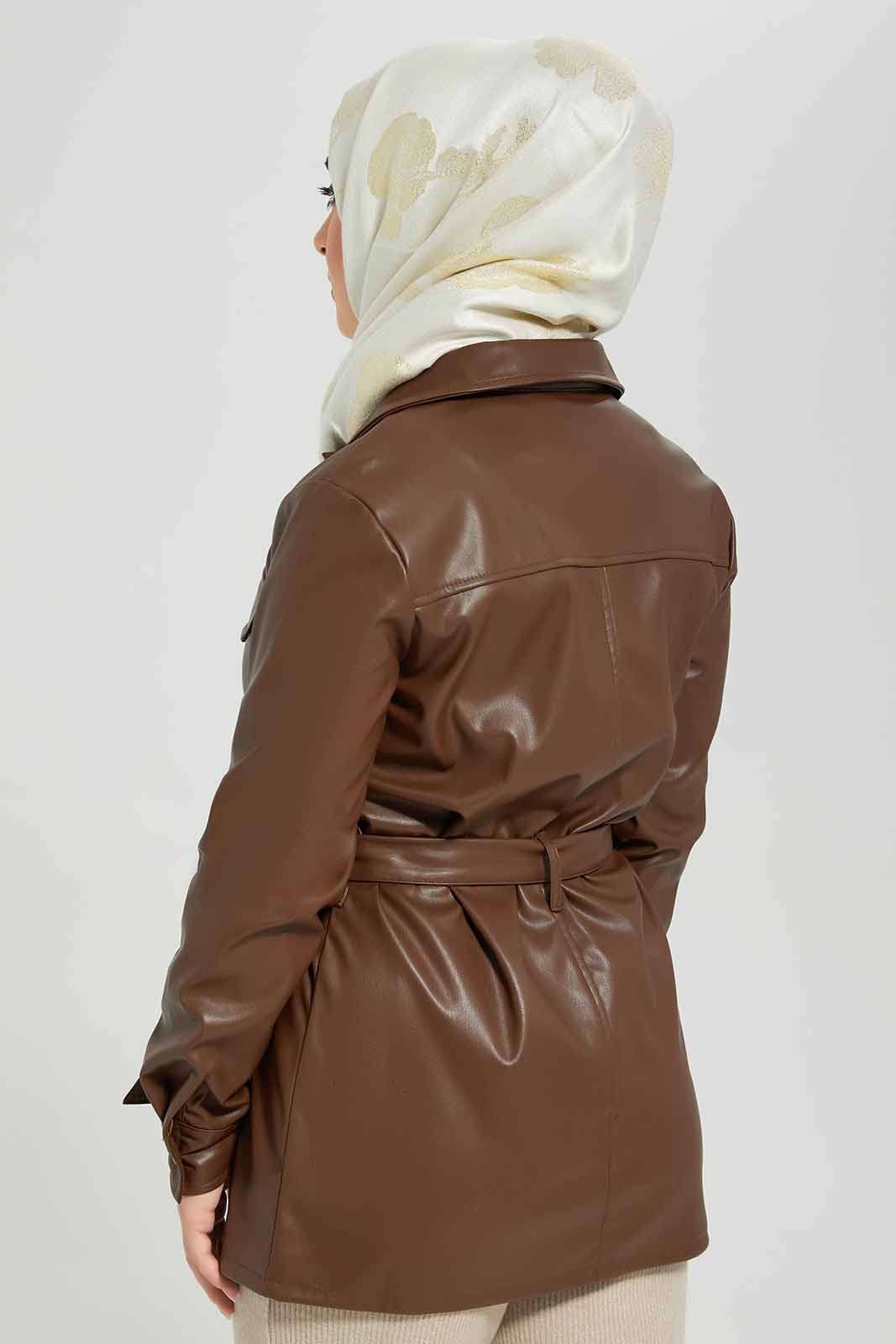 Redtag-Dark-Oak-PU-Coated-Belted-Button-Front-Tunic-Category:Blouses,-Colour:Brown,-Deals:New-In,-Filter:Women's-Clothing,-LMC,-Modest,-New-In-Women-APL,-Non-Sale,-Section:Women,-W22B,-Women-Blouses--