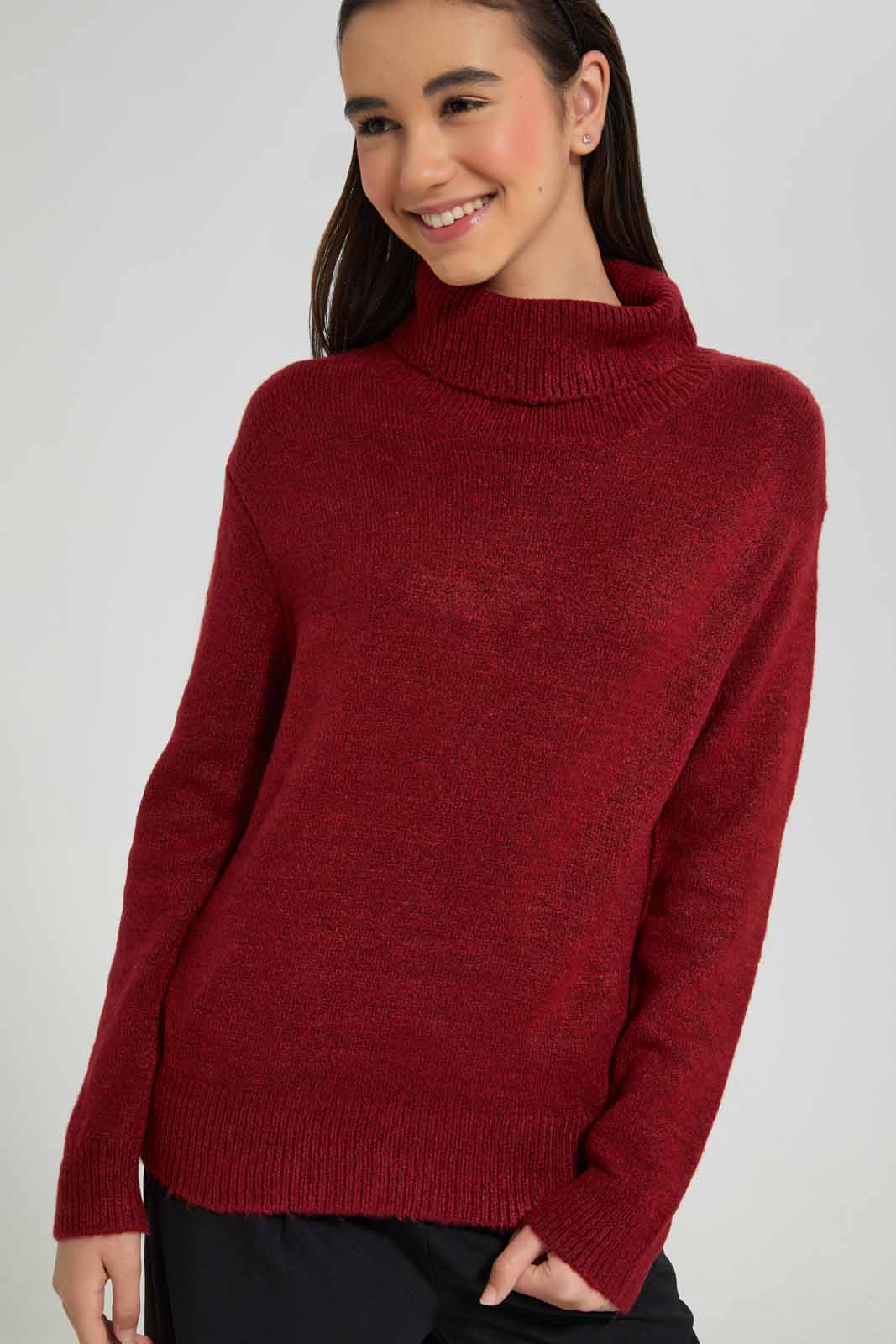 Redtag-Burgundy-highneck-sweater-Category:Pullovers,-Colour:Burgundy,-Deals:New-In,-Filter:Senior-Girls-(8-to-14-Yrs),-GSR-Pullovers,-New-In-GSR-APL,-Non-Sale,-Section:Girls-(0-to-14Yrs),-VLM,-W22B-Senior-Girls-9 to 14 Years