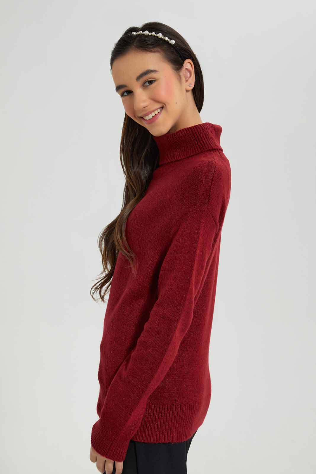 Redtag-Burgundy-highneck-sweater-Category:Pullovers,-Colour:Burgundy,-Deals:New-In,-Filter:Senior-Girls-(8-to-14-Yrs),-GSR-Pullovers,-New-In-GSR-APL,-Non-Sale,-Section:Girls-(0-to-14Yrs),-VLM,-W22B-Senior-Girls-9 to 14 Years