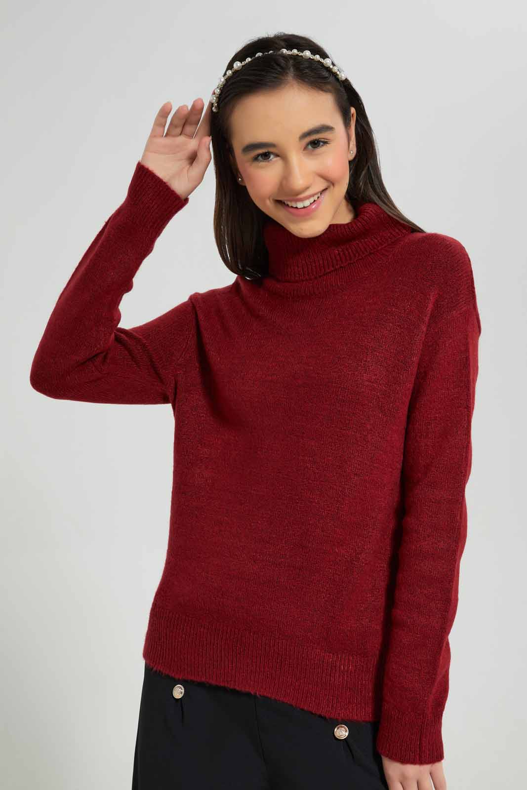 Redtag-Burgundy-highneck-sweater-Category:Pullovers,-Colour:Burgundy,-Deals:New-In,-Filter:Senior-Girls-(8-to-14-Yrs),-GSR-Pullovers,-New-In-GSR-APL,-Non-Sale,-Section:Girls-(0-to-14Yrs),-VLM,-W22B-Senior-Girls-9 to 14 Years