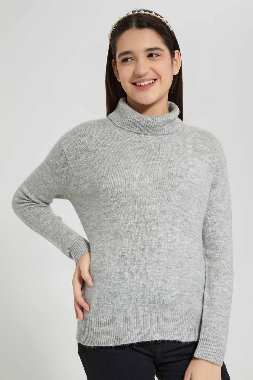 Redtag-Grey-melange-highneck-sweater-Category:Pullovers,-Colour:Grey,-Deals:New-In,-Filter:Senior-Girls-(8-to-14-Yrs),-GSR-Pullovers,-New-In-GSR-APL,-Non-Sale,-Section:Girls-(0-to-14Yrs),-VLM,-W22B-Senior-Girls-9 to 14 Years