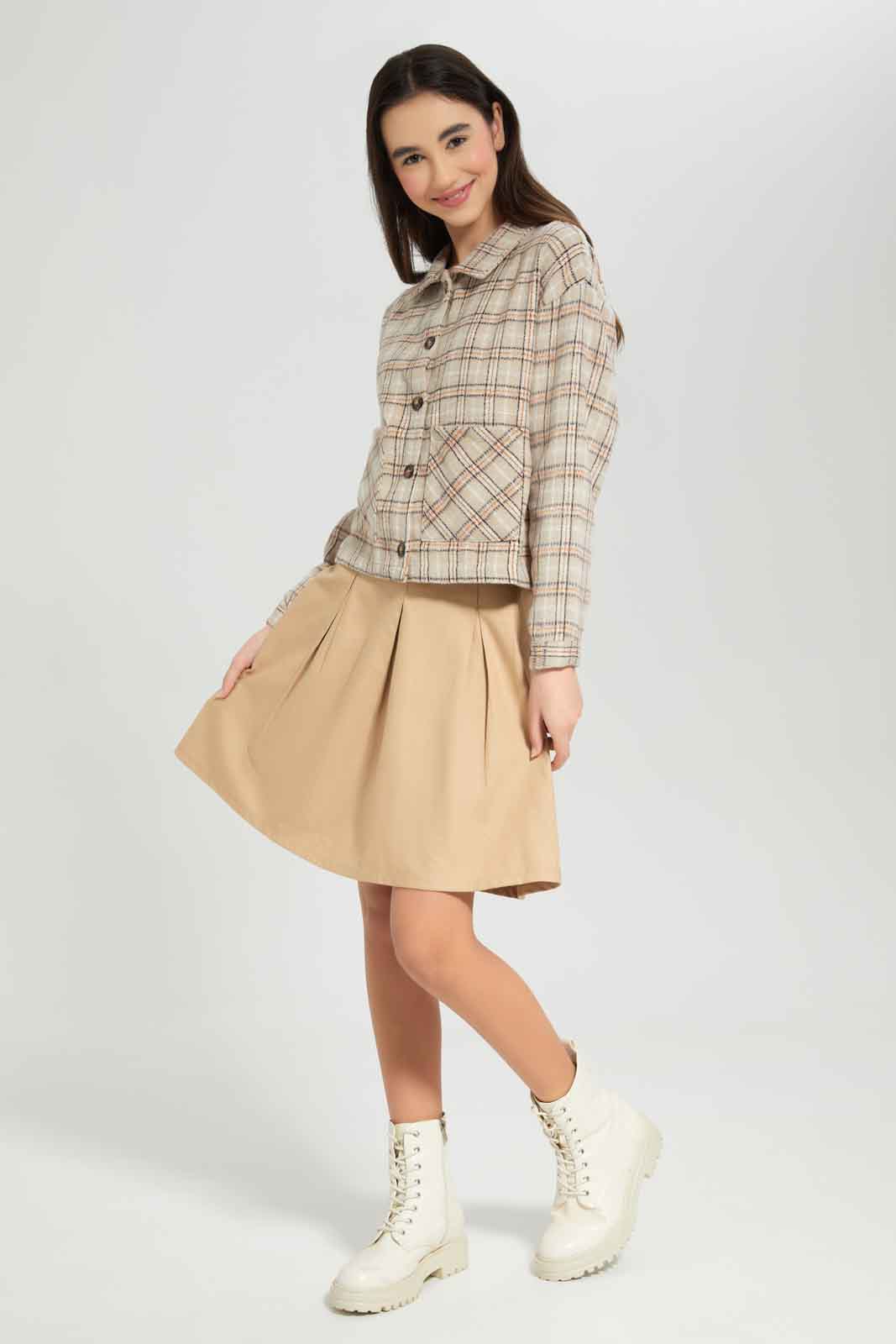 Redtag-Biege-plaid-Crop-Plaid-Shacket-Category:Jackets,-Colour:Assorted,-Deals:New-In,-Dept:Girls,-Filter:Senior-Girls-(8-to-14-Yrs),-GSR-Jackets,-New-In-GSR-APL,-Non-Sale,-Section:Girls-(0-to-14Yrs),-W22A-Senior-Girls-9 to 14 Years