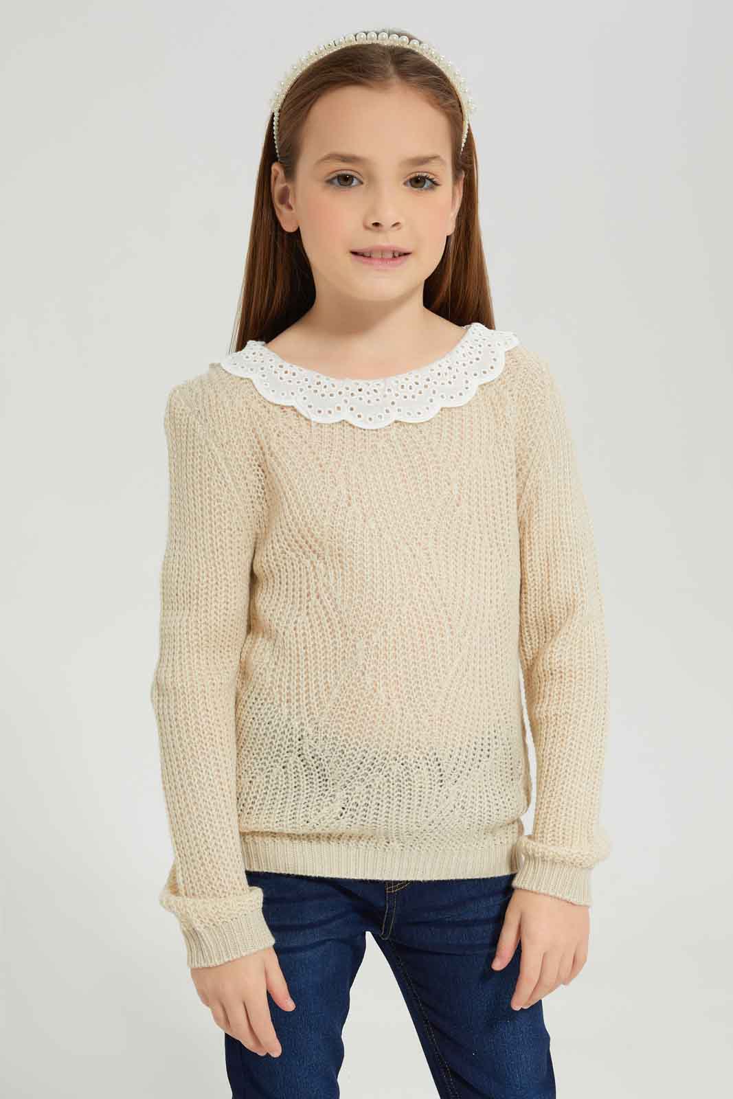 Redtag-Beige-long-sleeve-pull-with-collar-Category:Pullovers,-Colour:Beige,-Deals:New-In,-Dept:Girls,-Filter:Girls-(2-to-8-Yrs),-GIR-Pullovers,-New-In-GIR-APL,-Non-Sale,-Section:Girls-(0-to-14Yrs),-W22B-Girls-2 to 8 Years