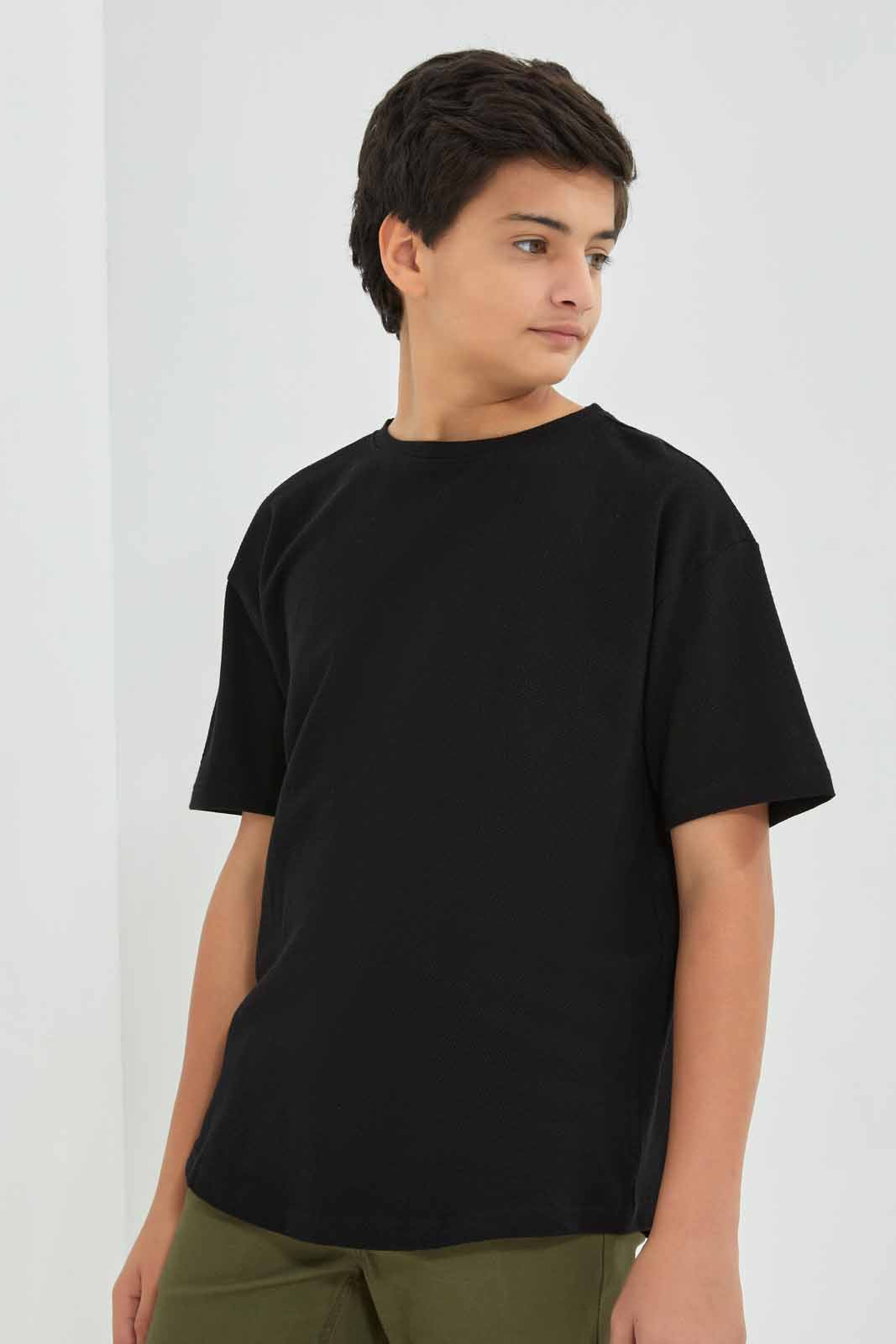 Redtag-Black-Popcorn-Kint-Dropdown-Shoulder-T-Shirt-BSR-T-Shirts,-Category:T-Shirts,-Colour:Black,-Deals:New-In,-Filter:Senior-Boys-(8-to-14-Yrs),-New-In-BSR-APL,-Non-Sale,-Section:Boys-(0-to-14Yrs),-TBL,-W22B-Senior-Boys-9 to 14 Years