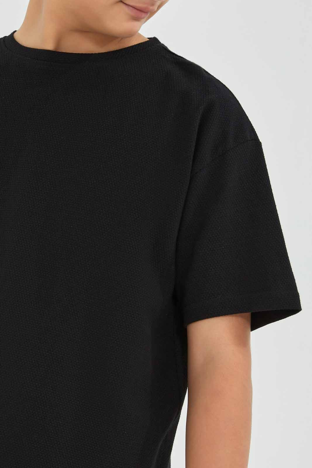Redtag-Black-Popcorn-Kint-Dropdown-Shoulder-T-Shirt-BSR-T-Shirts,-Category:T-Shirts,-Colour:Black,-Deals:New-In,-Filter:Senior-Boys-(8-to-14-Yrs),-New-In-BSR-APL,-Non-Sale,-Section:Boys-(0-to-14Yrs),-TBL,-W22B-Senior-Boys-9 to 14 Years