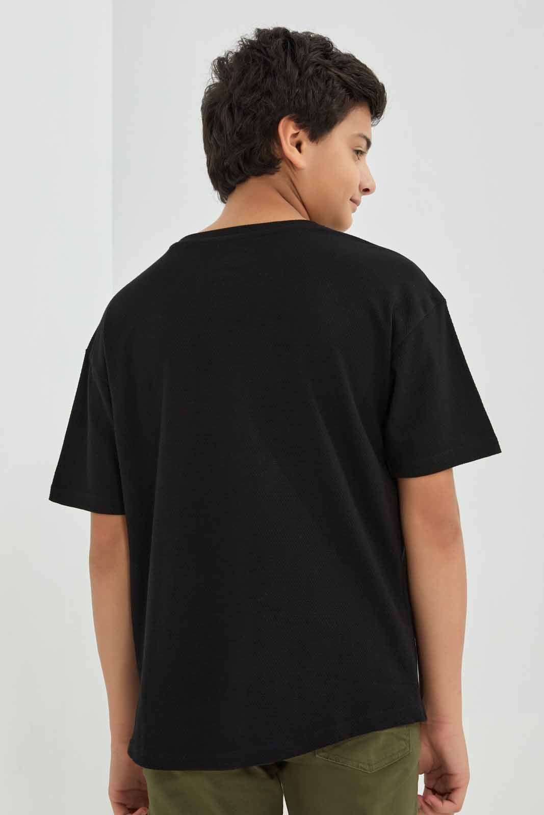 Redtag-Black-Popcorn-Kint-Dropdown-Shoulder-T-Shirt-BSR-T-Shirts,-Category:T-Shirts,-Colour:Black,-Deals:New-In,-Filter:Senior-Boys-(8-to-14-Yrs),-New-In-BSR-APL,-Non-Sale,-Section:Boys-(0-to-14Yrs),-TBL,-W22B-Senior-Boys-9 to 14 Years