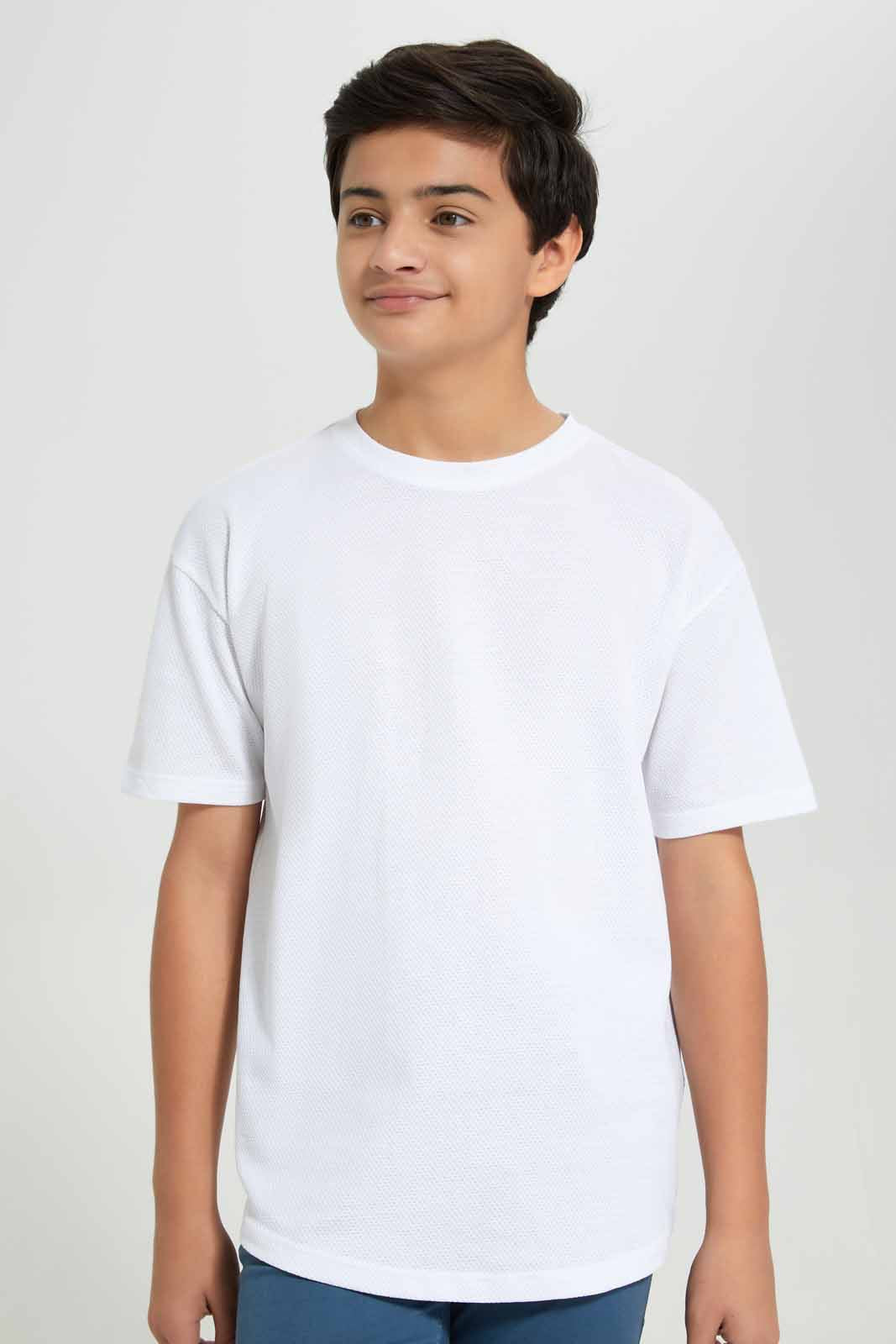 Redtag-White-Popcorn-Kint-Dropdown-Shoulder-T-Shirt-BSR-T-Shirts,-Category:T-Shirts,-Colour:White,-Deals:New-In,-Filter:Senior-Boys-(8-to-14-Yrs),-New-In-BSR-APL,-Non-Sale,-Section:Boys-(0-to-14Yrs),-TBL,-W22B-Senior-Boys-9 to 14 Years