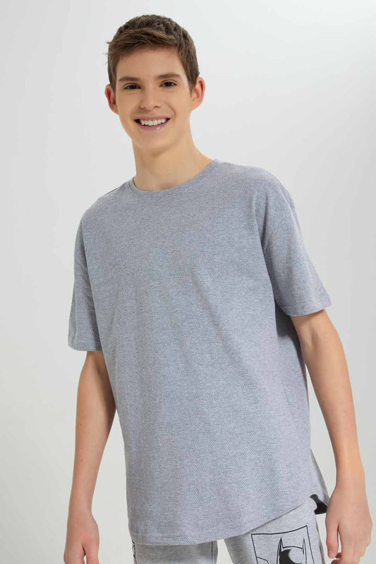 Redtag-Grey-Melange-Popcorn-Kint-Dropdown-Shoulder-T-Shirt-BSR-T-Shirts,-Category:T-Shirts,-Colour:Grey,-Deals:New-In,-Filter:Senior-Boys-(8-to-14-Yrs),-New-In-BSR-APL,-Non-Sale,-Section:Boys-(0-to-14Yrs),-TBL,-W22B-Senior-Boys-9 to 14 Years