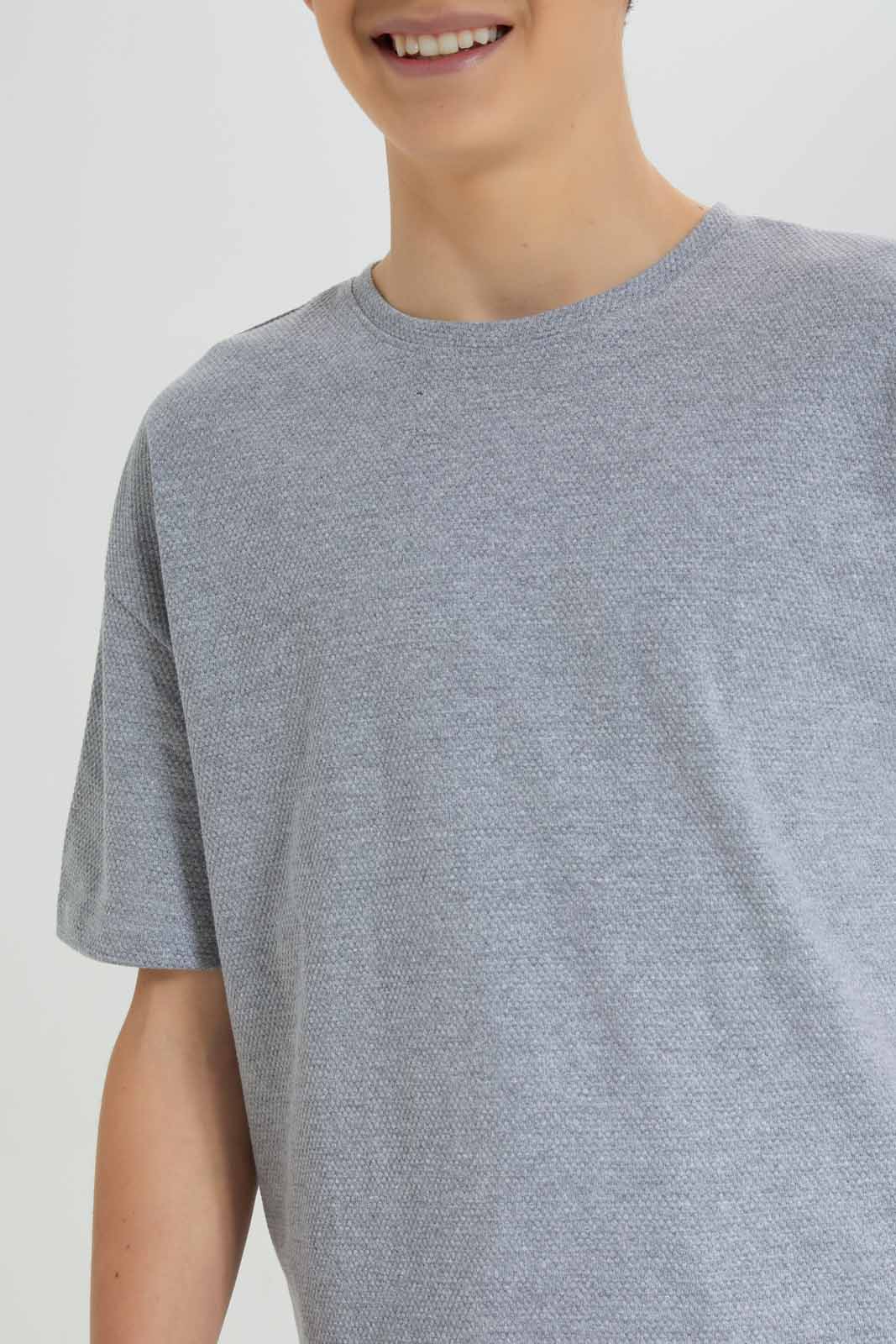 Redtag-Grey-Melange-Popcorn-Kint-Dropdown-Shoulder-T-Shirt-BSR-T-Shirts,-Category:T-Shirts,-Colour:Grey,-Deals:New-In,-Filter:Senior-Boys-(8-to-14-Yrs),-New-In-BSR-APL,-Non-Sale,-Section:Boys-(0-to-14Yrs),-TBL,-W22B-Senior-Boys-9 to 14 Years