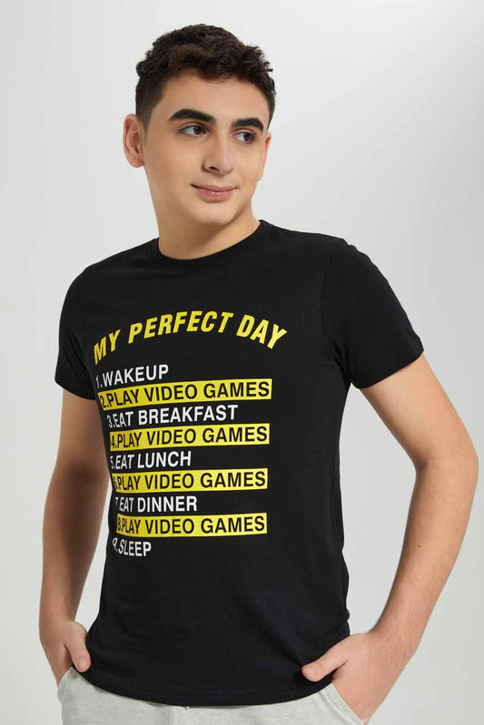 Redtag-Black-Perfect-Day-T-Shirt-BSR-T-Shirts,-Category:T-Shirts,-Colour:Black,-Deals:New-In,-Filter:Senior-Boys-(8-to-14-Yrs),-New-In-BSR-APL,-Non-Sale,-Section:Boys-(0-to-14Yrs),-TBL,-W22A-Senior-Boys-9 to 14 Years
