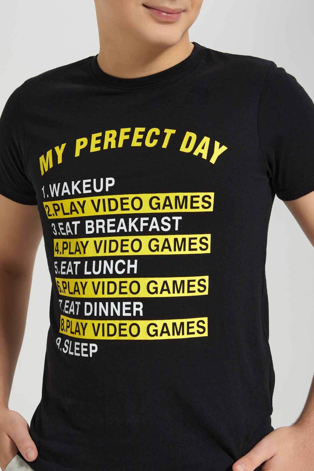 Redtag-Black-Perfect-Day-T-Shirt-BSR-T-Shirts,-Category:T-Shirts,-Colour:Black,-Deals:New-In,-Filter:Senior-Boys-(8-to-14-Yrs),-New-In-BSR-APL,-Non-Sale,-Section:Boys-(0-to-14Yrs),-TBL,-W22A-Senior-Boys-9 to 14 Years