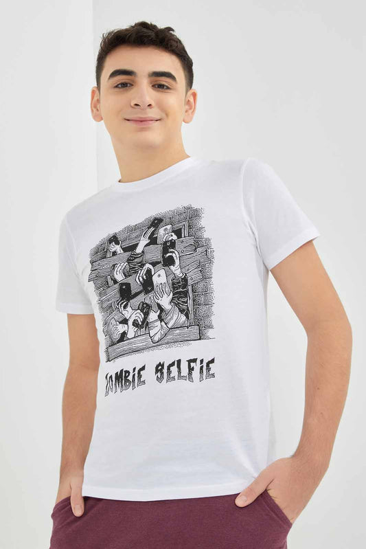Redtag-White-Zombie-Selfie-T-Shirt-BSR-T-Shirts,-Category:T-Shirts,-Colour:White,-Deals:New-In,-Filter:Senior-Boys-(8-to-14-Yrs),-New-In-BSR-APL,-Non-Sale,-Section:Boys-(0-to-14Yrs),-TBL,-W22A-Senior-Boys-9 to 14 Years