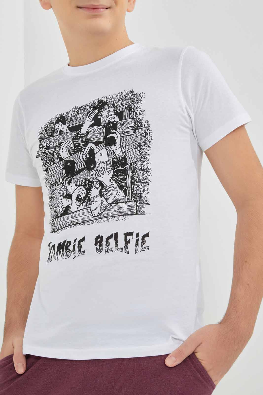 Redtag-White-Zombie-Selfie-T-Shirt-BSR-T-Shirts,-Category:T-Shirts,-Colour:White,-Deals:New-In,-Filter:Senior-Boys-(8-to-14-Yrs),-New-In-BSR-APL,-Non-Sale,-Section:Boys-(0-to-14Yrs),-TBL,-W22A-Senior-Boys-9 to 14 Years