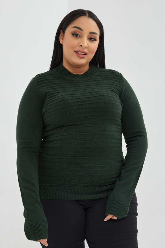 Redtag-Dark-Green-Textured-Stripe-Pullover-Category:Pullovers,-Colour:Olive,-Deals:New-In,-Filter:Women's-Clothing,-LDP-Pullovers,-NDAY,-New-In-LDP-APL,-Non-Sale,-Section:Women,-TBL,-W22B-Women's-