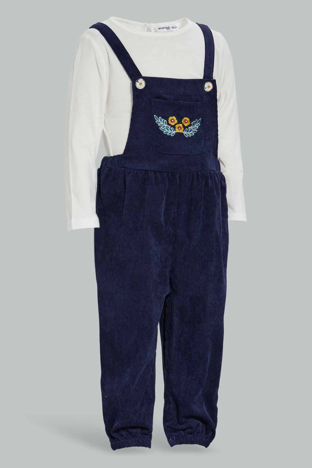 Redtag-Navy-Jumpsuit-With-Ivory-Solid-T-Shirt-Category:Jumpsuits,-Colour:Navy,-Deals:New-In,-Filter:Infant-Girls-(3-to-24-Mths),-ING-Jumpsuits,-New-In-ING-APL,-Non-Sale,-Section:Girls-(0-to-14Yrs),-W22A-Infant-Girls-3 to 24 Months
